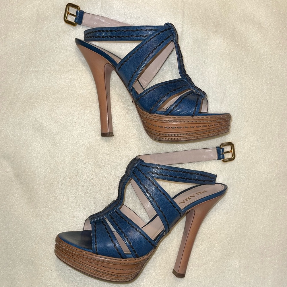 PRADA - Blue & Tan leather Platform Sandals - EU 39.5 - Made in Italy